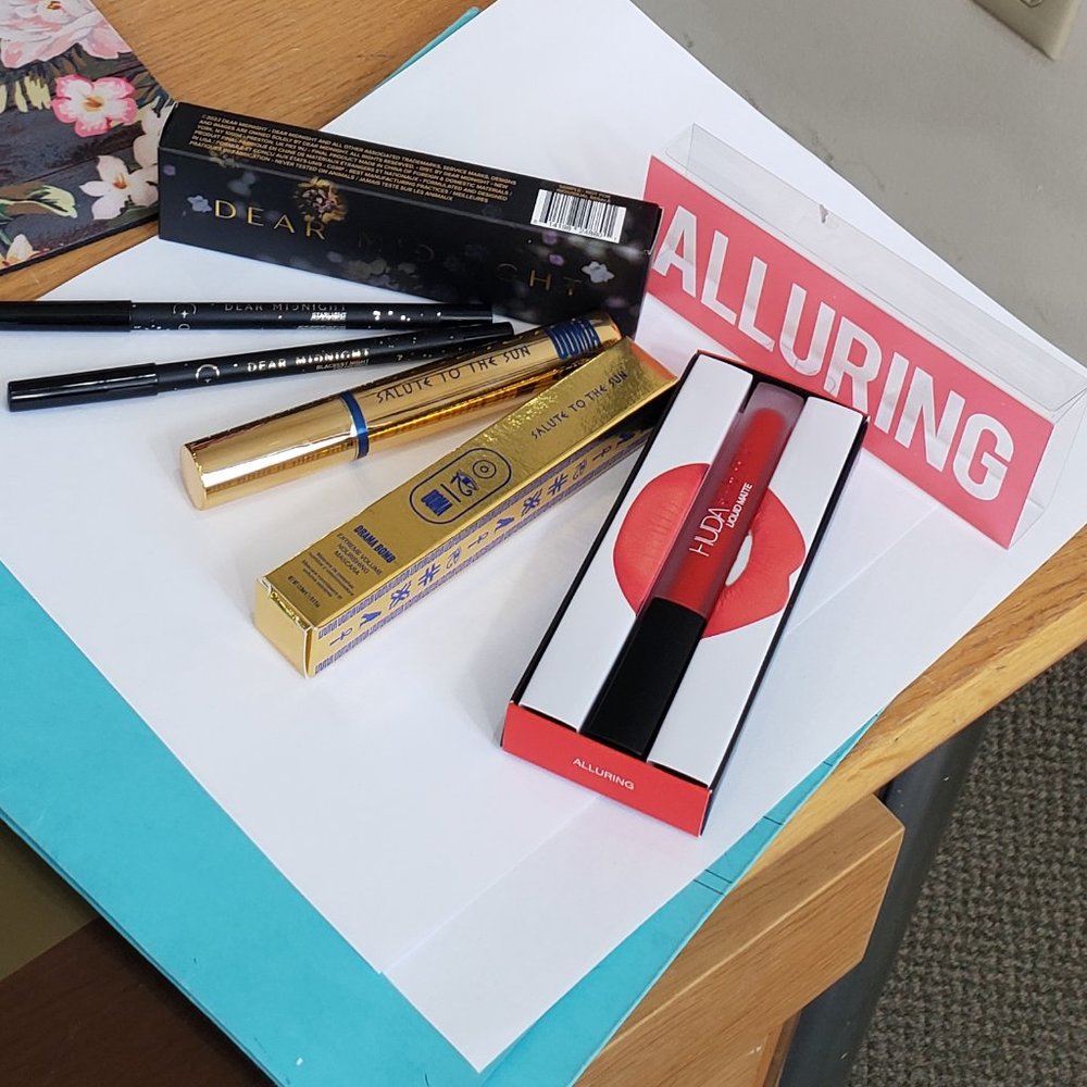 Drama Bomb Mascara, Huda Beauty Liquid Matte Lipstick, Star Crossed Eyeliner Duo